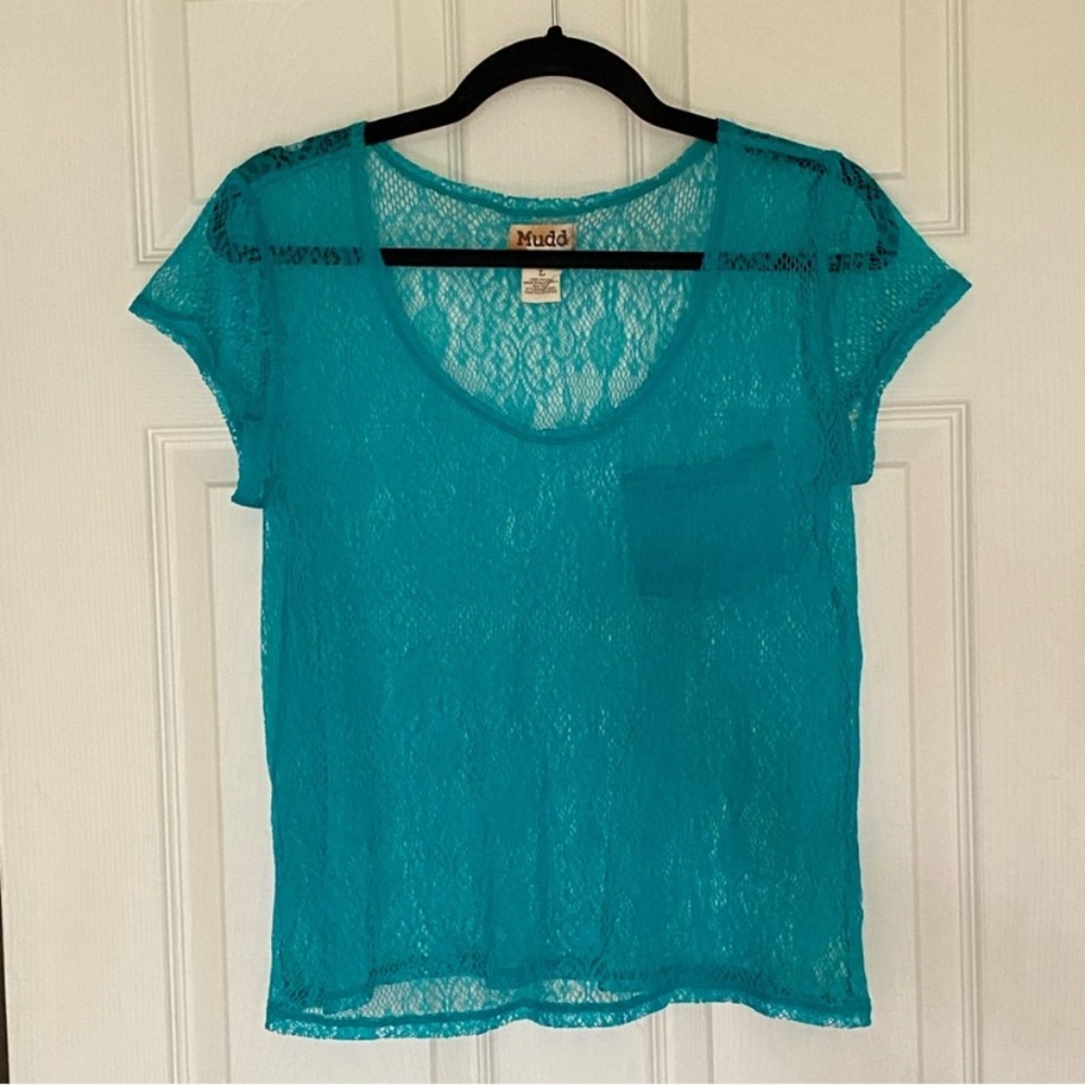 Mudd Teal Sheer Lace Short Sleeve Top